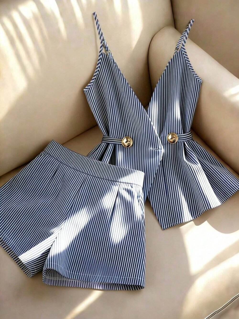 Blue Casual Women's Striped Camisole shorts and & top Set